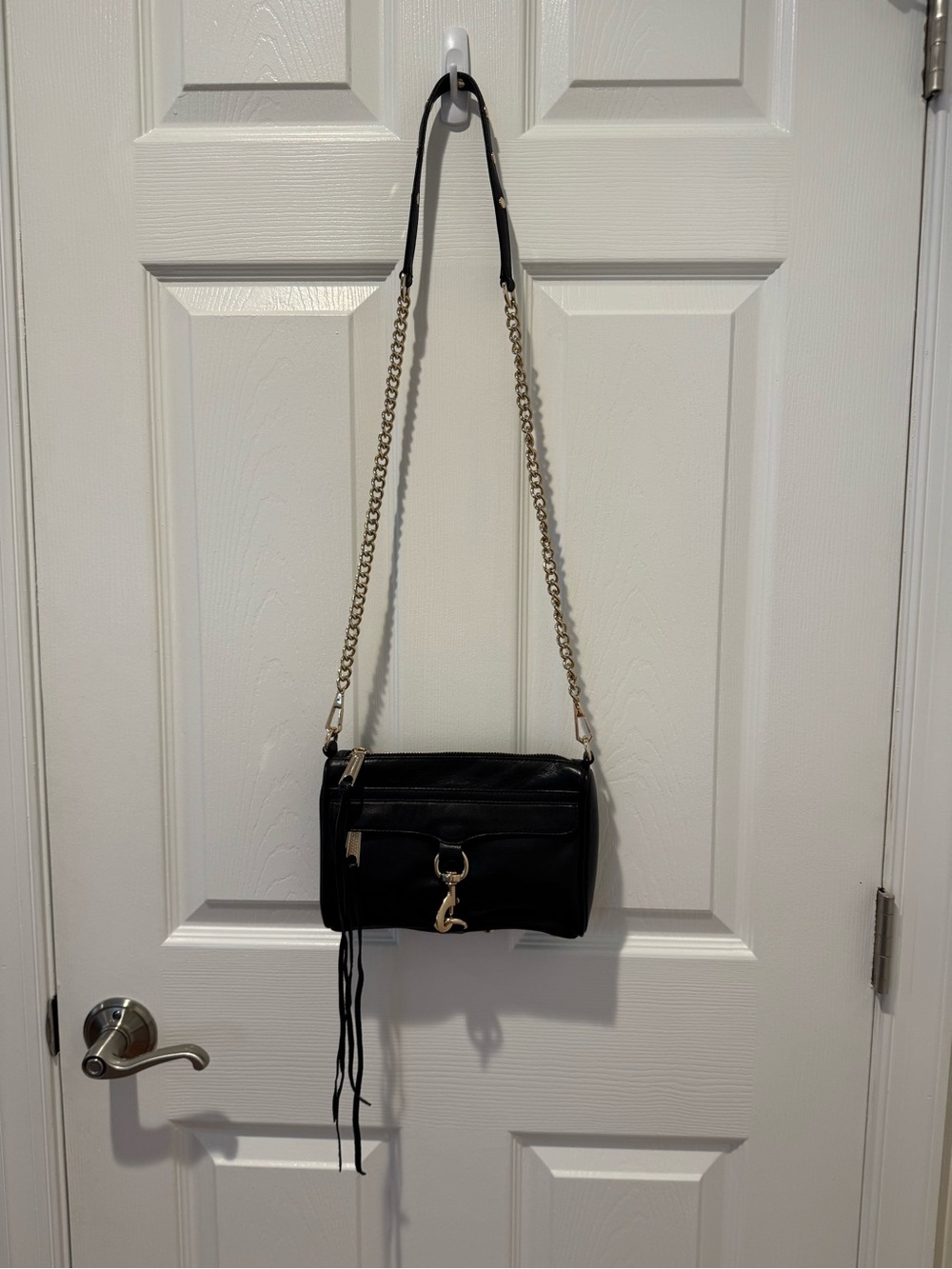 Rebecca Minkoff Black Leather Crossbody with Gold Chain Strap